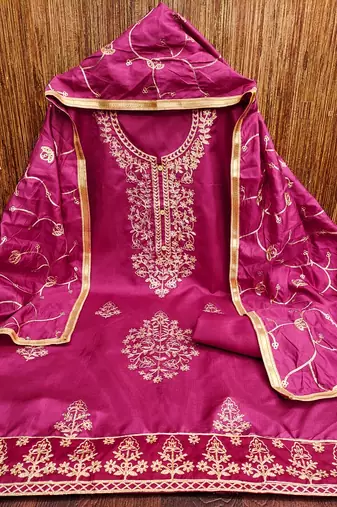 Women's pink heavy thread embroidery jalpari silk dress material