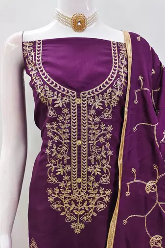 Women's voilet heavy thread embroidery jalpari silk dress material