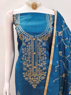 Women's teal blue heavy thread embroidery jalpari silk dress material 4