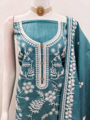 Women's sea green heavy thread embroidery jalpari silk dress material 5