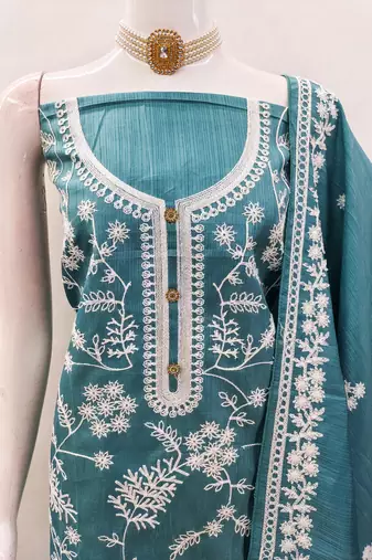 Women's sea green heavy thread embroidery jalpari silk dress material