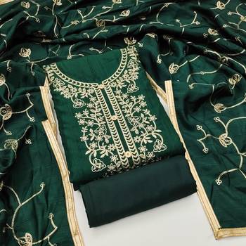 Women's green heavy thread embroidery jalpari silk dress material 1