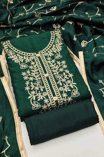 Women's green unstitched heavy thread embroidery jalpari silk dress material 