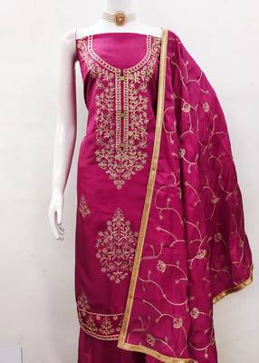 Women's pink heavy thread embroidery jalpari silk dress material 3