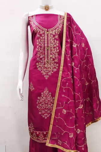 Women's pink heavy thread embroidery jalpari silk dress material