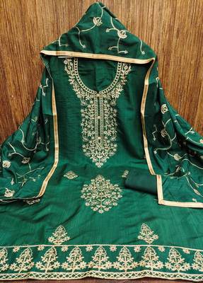 Women's green heavy thread embroidery jalpari silk dress material 2