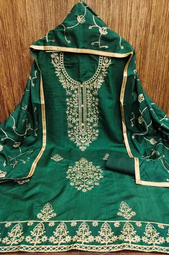 Women's green heavy thread embroidery jalpari silk dress material