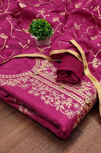 Women's pink heavy thread embroidery jalpari silk dress material