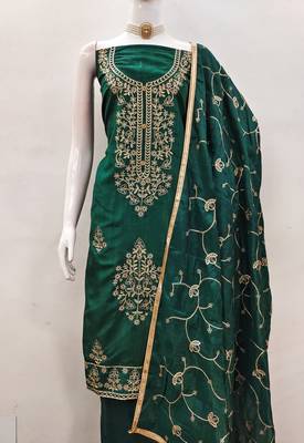 Women's green heavy thread embroidery jalpari silk dress material 3