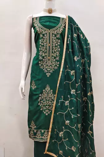 Women's green heavy thread embroidery jalpari silk dress material