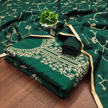 Women's green heavy thread embroidery jalpari silk dress material 4