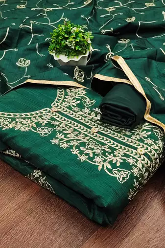 Women's green heavy thread embroidery jalpari silk dress material