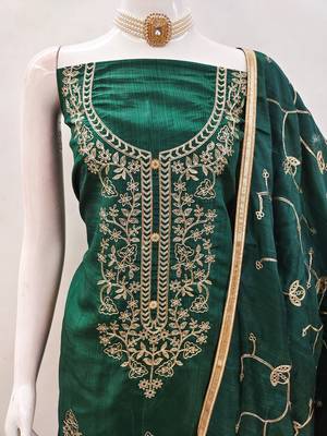 Women's green heavy thread embroidery jalpari silk dress material 5