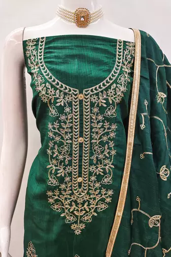 Women's green heavy thread embroidery jalpari silk dress material