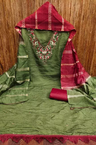 Women's green sequence embroidery coco silk cotton dress material