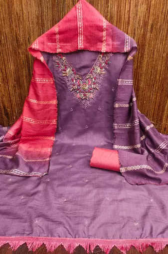Women's levender sequence embroidery coco silk cotton dress material