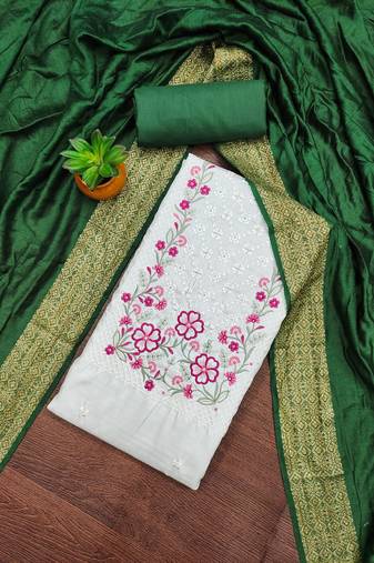 Women's white unstitched sequence embroidery zora silk cotton dress material 