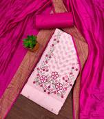 Women's pink unstitched sequence embroidery zora silk cotton dress material 