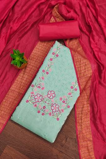Women's sea green unstitched sequence embroidery zora silk cotton dress material 
