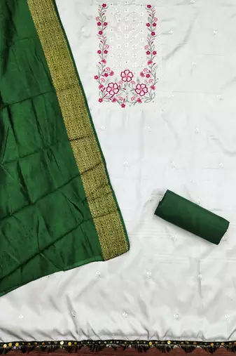 Women's white sequence embroidery zora silk cotton dress material