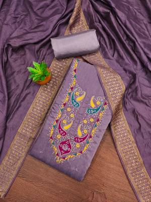 Women's voilet sequence embroidery silk cotton dress material 1
