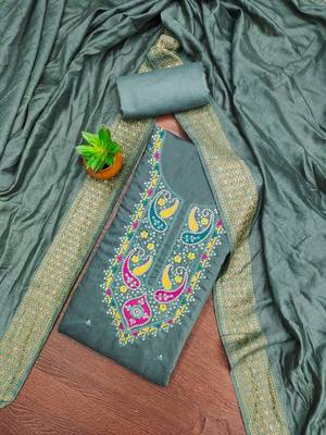 Women's sea green sequence embroidery silk cotton dress material 1