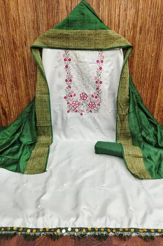 Women's white sequence embroidery zora silk cotton dress material