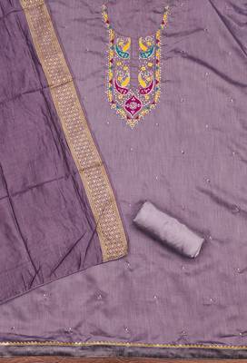 Women's voilet sequence embroidery silk cotton dress material 2