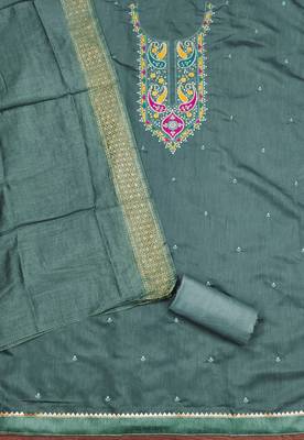 Women's sea green sequence embroidery silk cotton dress material 2