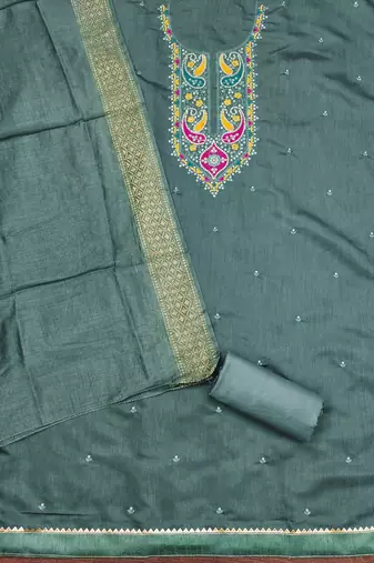 Women's sea green sequence embroidery silk cotton dress material