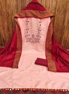Women's peach sequence embroidery zora silk cotton dress material 3