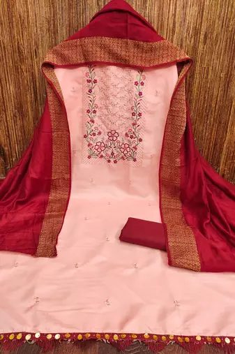 Women's peach sequence embroidery zora silk cotton dress material