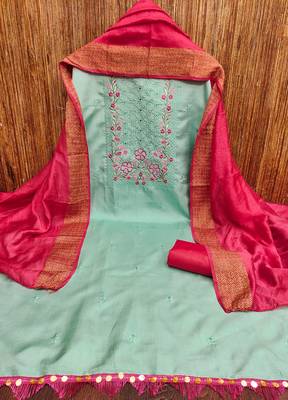 Women's sea green sequence embroidery zora silk cotton dress material 3