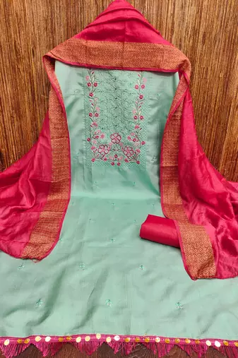 Women's sea green sequence embroidery zora silk cotton dress material
