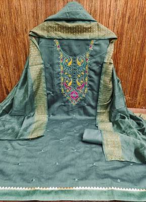 Women's sea green sequence embroidery silk cotton dress material 3