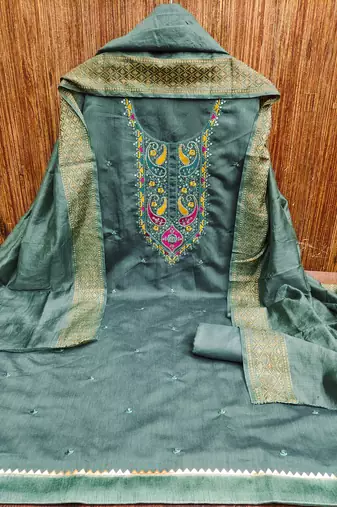 Women's sea green sequence embroidery silk cotton dress material