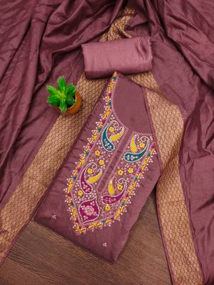 Women's purple sequence embroidery silk cotton dress material 1