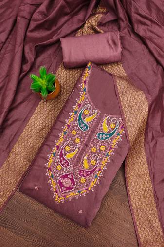 Women's purple unstitched sequence embroidery silk cotton dress material 