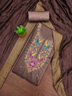 Women's levender sequence embroidery silk cotton dress material 1