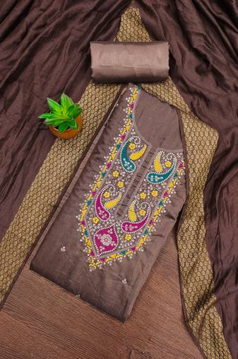 Women's levender unstitched sequence embroidery silk cotton dress material 