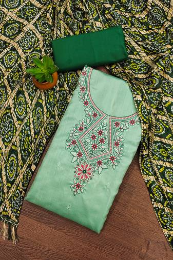 Women's sea green unstitched thread embroidery coco silk cotton dress material 