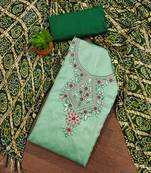 Women's sea green thread embroidery coco silk cotton dress material