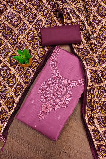 Women's purple unstitched heavy multi thread embroidery coco silk cotton dress material 