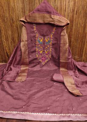 Women's purple sequence embroidery silk cotton dress material 3