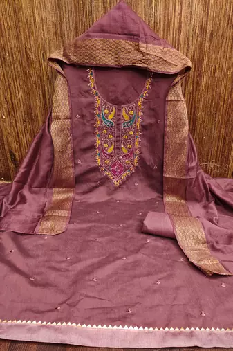Women's purple sequence embroidery silk cotton dress material