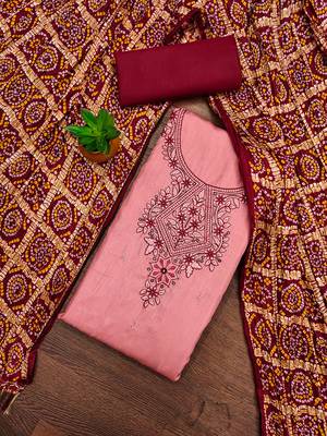 Women's pink heavy multi thread embroidery coco silk cotton dress material 1