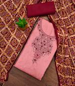 Women's pink heavy multi thread embroidery coco silk cotton dress material