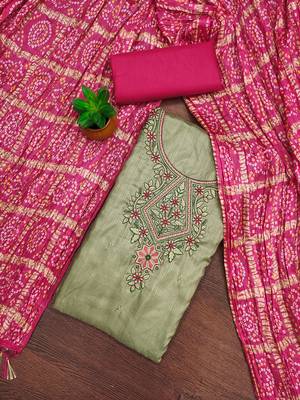 Women's olive green thread embroidery coco silk cotton dress material 1
