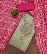 Women's olive green unstitched thread embroidery coco silk cotton dress material 