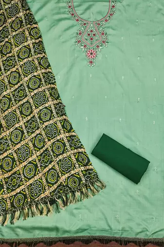 Women's sea green thread embroidery coco silk cotton dress material
